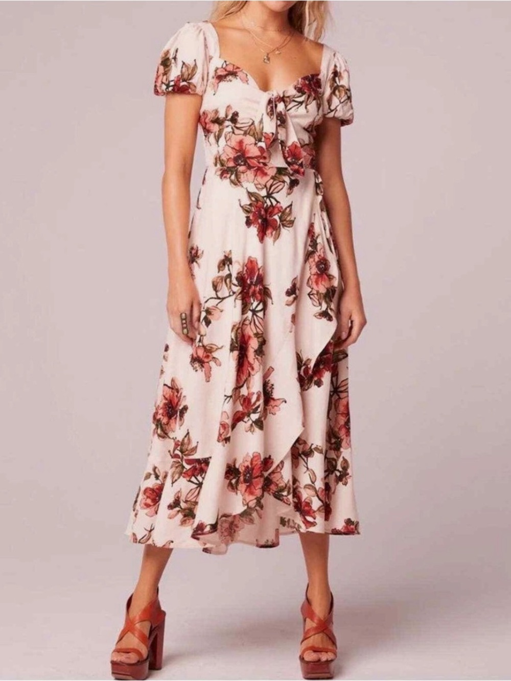 B.O.G. collective Floral Tie-Front Midi Dress in Blush with Pink Floral Print